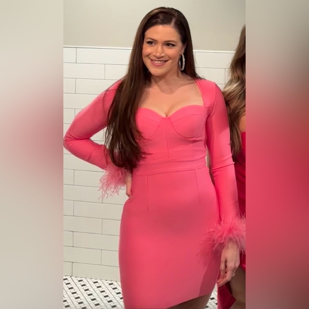 Elegant Pink Feather-Trimmed Dress